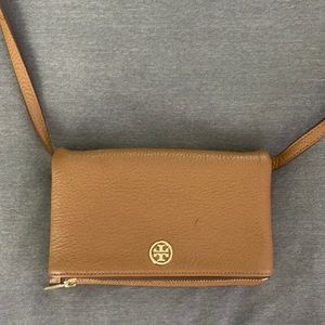 Brown leather folding Tory Burch bag
